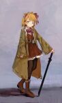  1girl ascot belt blonde_hair boots bow brown_coat brown_dress brown_footwear character_request coat copyright_request dress full_body green_eyes hair_bow highres long_coat looking_at_viewer pantyhose purple_ascot reddizen sad short_dress short_hair sleeves_past_wrists sword weapon 