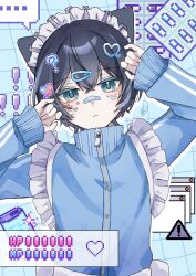  ... 1boy absurdres animal_ears apron arms_up bandaid bandaid_on_face bandaid_on_nose black_hair blue_eyes blue_jacket cat_ears closed_mouth commentary hair_between_eyes hair_ornament hairclip heart heart_hair_ornament high_collar highres jacket jersey_maid maid maid_apron maid_headdress original solo spoken_ellipsis sticker sticker_on_face tenshi_kaiwai unconventional_maid untranslatable_commentary upper_body wani_zao window_(computing) 