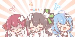  3girls ahoge bandaged_arm bandaged_ear bandages bandaid bandaid_on_cheek bandaid_on_face black_hair blue_hair blush_stickers chibi closed_eyes commentary_request crossed_bandaids fang gradient_hair grin hair_ribbon hand_on_own_hip heart heart_ahoge highres hololive houshou_marine long_hair low_twintails mitarashi_neko multicolored_hair multiple_girls natsuiro_matsuri open_mouth outstretched_arm pink_hair polka_dot polka_dot_background puffy_short_sleeves puffy_sleeves red_hair red_ribbon ribbon shirt short_sleeves side_ponytail smile streaked_hair sunburst sunburst_background tears trembling turn_pale twintails v very_long_hair virtual_youtuber white_shirt yukihana_lamy 