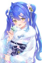  1girl absurdres ahoge amamiya_kokoro amamiya_kokoro_(3rd_costume) bell betting_ticket blue_bow blue_hair blue_kimono bow braid bun_with_braided_base commentary_request double-parted_bangs double_bun fang floral_print floral_print_kimono fur-trimmed_kimono fur_trim gradient_clothes gradient_kimono hair_between_eyes hair_bun hair_ornament hair_ribbon highres japanese_clothes jingle_bell kimono long_hair looking_at_viewer multicolored_kimono nijisanji obi obiage obijime open_mouth pink_nails print_kimono ribbon sash simple_background skin_fang smile solo tojo_(natumi1412) two_side_up upper_body virtual_youtuber white_background white_bow white_kimono white_ribbon wide_sleeves x_hair_ornament yellow_eyes 