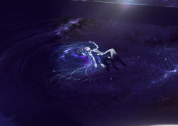  1girl absurdres afloat blue_hair breasts commentary_request dress floating_headgear griseo griseo_(cosmic_expression) headgear highres honkai_(series) honkai_impact_3rd kujisho0312 long_hair pantyhose reflection reflective_liquid scenery sky solo star_(sky) starry_sky very_long_hair white_dress white_pantyhose 