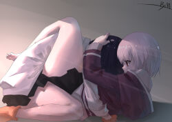  2girls absurdres barefoot black_hair black_skirt bmwh1tts cardigan commentary grey_background gridman_universe hands_on_another's_head head_on_chest highres hug jacket kneeling leg_lock long_hair long_sleeves lying multiple_girls on_back orange_scrunchie orange_socks pleated_skirt purple_hair purple_jacket red_eyes scrunchie shinjou_akane shirt short_hair signature skirt sleeves_past_wrists socks ssss.gridman takarada_rikka white_cardigan white_shirt yuri 
