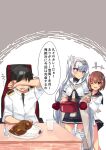  1boy 2girls admiral_(kancolle) beritabo blue_sailor_collar brown_eyes brown_hair cherry_blossoms cup curry dress drinking_glass food fuyutsuki_(kancolle) gloves grey_eyes grey_hair grey_neckerchief grey_shawl grey_thighhighs hachimaki hair_between_eyes half_gloves headband highres holding_cooking_pot kantai_collection long_hair long_sleeves multiple_girls neckerchief one_eye_closed one_side_up oven_mitts sailor_collar sailor_dress school_uniform serafuku shawl short_hair smile speaking_tube_headset speech_bubble spoon thigh-highs translation_request white_headband white_sailor_collar yukikaze_(kancolle) yukikaze_kai_ni_(kancolle) 