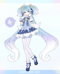  1girl :o agonasubi ahoge arm_behind_back blue_bow blue_bowtie blue_dress blue_eyes blue_hair blue_ribbon blue_shoes blue_skirt blunt_bangs bow bowtie character_name circlet commentary_request dress frilled_socks frills full_body gloves gradient_hair hair_intakes hair_ornament hand_up hatsune_miku highres layered_gloves layered_skirt letterboxed long_hair looking_at_viewer multicolored_hair pantyhose quad_tails ribbon shoes short_twintails skirt snowflake_hair_ornament snowflake_in_eye snowflake_print socks solo star_ornament striped_bow striped_bowtie striped_clothes striped_pantyhose striped_ribbon twintails vertical-striped_clothes vertical-striped_pantyhose very_long_hair vocaloid white_gloves white_hair white_pantyhose white_socks yuki_miku yuki_miku_(2027)_(candidate_no.4) 