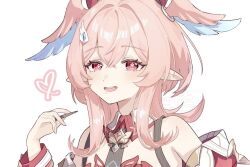  1girl bare_shoulders blush crossed_bangs detached_sleeves drooling genshin_impact hair_between_eyes hair_intakes head_wings heart heart-shaped_pupils linnea_(genshin_impact) looking_at_viewer medium_hair open_mouth pink_eyes pink_hair pink_wings pointy_ears simple_background smile solo suwa_(swk_kkk) symbol-shaped_pupils two-tone_wings upper_body white_background wings 
