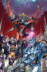  3girls airplane_wing alex_milne autobot blue_eyes chromia cybertron energy_sword gun handgun helmet highres humanoid_robot insignia mecha mechanical_wings metal_skin multiple_girls nautica_(transformers) official_art planet purple_lips robot robot_girl science_fiction sword the_transformers_(idw) transformers weapon windblade wings 