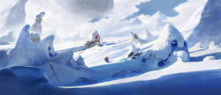  1boy absurdres aircraft airship blue_gem blue_robe blue_sky boulder chinese_commentary clouds commentary_request flag fog from_behind gem hat highres holding holding_staff ice landscape mountainous_horizon original outdoors painterly red_gem robe scenery sky snow staff standing sunlight yellow_hat zhongjusun 