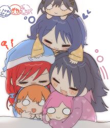  3girls :3 :d =_= anyoji_hime black_hair blue_hair blush character_doll closed_eyes closed_mouth col_person colored_inner_hair commentary deformed doll fang heart highres hinoshita_kaho katsuragi_izumi kinjou_maika link!_like!_love_live! long_hair love_live! multicolored_hair multiple_girls nesoberi open_mouth pink_hair red_hair reizawa_aoi shirin_mion shout_lines skin_fang sleeping smile squeans squiggle untranslatable_commentary virtual_youtuber 