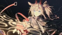  1girl absurdres animal_ears arknights blue_eyes chinese_commentary collared_shirt commentary_request earthspirit_(arknights) fingerless_gloves gloves goat_ears goat_girl goat_horns hair_between_eyes hair_ornament hairclip highres horns long_hair looking_at_viewer minuo outstretched_arm parted_lips red_gloves shirt solo upper_body 