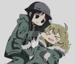  >_< 2girls ahoge black_eyes black_gloves black_hair blonde_hair brodie_helmet cheek_pinching cheek_pull chito_(shoujo_shuumatsu_ryokou) closed_eyes coat combat_helmet drooling fur-trimmed_coat fur_trim gloves green_coat green_pants grey_background grey_helmet helmet highres hood hooded_coat jacket long_hair long_sleeves looking_at_another low_twintails lying medium_hair mouth_drool multiple_girls nnsdah on_back on_side open_mouth pants pinching shoujo_shuumatsu_ryokou simple_background twintails yuuri_(shoujo_shuumatsu_ryokou) zipper zipper_pull_tab 
