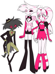  1girl 2boys :p absurdres angel_dust arackniss arms_at_sides bare_legs belt black_belt black_boots black_bow black_bowtie black_choker black_coat black_eyes black_hat black_sclera black_skirt black_sleeves boots bow bowtie brooch brother_and_sister brothers buttons choker circle_facial_mark clenched_teeth closed_mouth coat colored_inner_hair colored_sclera commentary_request crossdressing crossdressing_(mtf) dress elbow_gloves extra_arms extra_eyes extra_legs eye_contact eyeshadow facial_mark fedora fewer_digits fingerless_gloves flat_color flying_sweatdrops frilled_dress frills full_body furry furry_female furry_male gloves grey_bow grey_bowtie grey_pants grey_shirt hairband hand_on_own_hip hat hazbin_hotel heart height_difference hellaverse high_heel_boots high_heels highres holding_hands hooves horns jewelry kneehighs knees_together_feet_apart long_hair long_sleeves looking_at_another looking_down looking_up makeup menma_(enaic31) microskirt mismatched_sclera molly_(hazbin_hotel) multicolored_hair multiple_boys pants pencil_skirt pink_bow pink_bowtie pink_dress pink_eyes pink_eyeshadow pink_gloves pink_hair pink_hairband pink_shirt pink_socks pink_streaks puffy_short_sleeves puffy_sleeves raised_inner_eyebrows red_sclera sharp_teeth shirt short_dress short_sleeves siblings signature simple_background skirt smile socks spider_web_print standing standing_on_one_leg streaked_hair striped_clothes striped_shirt striped_socks tareme teeth thigh_boots tongue tongue_out traditional_bowtie turtleneck turtleneck_shirt twins two-tone_shirt two-tone_socks v-shaped_eyebrows very_long_hair white_background white_fur white_gloves white_hair white_shirt white_socks 