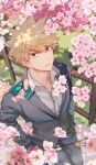  1boy :| bakugou_katsuki birthday blazer blonde_hair blurry blurry_background boku_no_hero_academia branch buttons cherry_blossoms closed_mouth collared_shirt commentary dappled_sunlight dated depth_of_field double_horizontal_stripe dress_shirt expressionless eyebrows_hidden_by_hair falling_petals fence film_grain flower foot_out_of_frame from_above grass grey_jacket grey_pants hair_between_eyes hands_in_pockets head_back highres jacket lapels light long_sleeves looking_at_viewer looking_up male_focus milmil_(wa_ten&#039;nendesu) notched_lapels outdoors pants petals pink_flower pocket red_eyes road school_uniform shade shirt short_hair shoulder_strap solo spiky_hair sunlight timestamp twitter_username u.a._school_uniform v-shaped_eyebrows walking white_shirt wooden_fence 