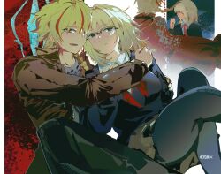  1boy 1girl absurdres black-framed_eyewear black_pants blonde_hair blue_eyes blue_sweater braid braided_ponytail cloak command_spell commentary_request eyelashes fate/strange_fake fate_(series) glasses gloves grey_skirt highres jacket long_hair looking_at_viewer medium_hair multicolored_hair neck_ribbon on_floor pants pantyhose pps2pp red_cloak red_eyes red_streaks ribbon richard_i_(fate) sajou_ayaka_(fate/strange_fake) school_uniform shirt sitting skirt smile streaked_hair sweater watermark 