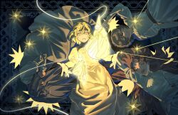  1boy 4girls agott_arklaum_(tongari_boushi_no_atelier) artinuyama black_hair blonde_hair blue_hair casting_spell cloak coco_(tongari_boushi_no_atelier) hat highres long_hair lying magic multiple_girls open_mouth pink_hair qifrey's_atelier_apprentice_uniform qifrey_(tongari_boushi_no_atelier) richeh_(tongari_boushi_no_atelier) short_hair sleeping teeth tetia_(tongari_boushi_no_atelier) tongari_boushi_no_atelier tunic yellow_eyes 