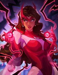  artist_name bodystocking breasts brown_hair close-up commentary detached_collar earrings elbow_gloves energy_ball english_commentary freckles gloves glowing hands_up headpiece highres jewelry large_breasts leaning leotard long_eyelashes long_hair looking_at_viewer magic makeup marvel marvel_rivals matt_mendoza narrow_waist pink_bodystocking red_gloves red_leotard red_lips scarlet_witch strapless strapless_leotard superhero_costume upper_body very_long_hair x-men 