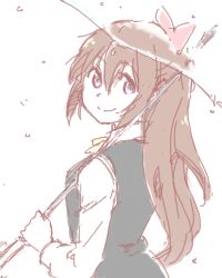  1girl blue_eyes blue_vest brown_hair commentary hair_ribbon holding holding_umbrella kt_(kima) long_hair long_sleeves looking_at_viewer looking_back love_live! love_live!_nijigasaki_high_school_idol_club lowres nijigasaki_school_uniform osaka_shizuku rain red_ribbon ribbon school_uniform shirt smile solo transparent transparent_umbrella umbrella vest water_drop white_background white_shirt 