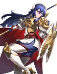  1girl absurdres armor blue_bodysuit blue_eyes blue_hair bodysuit burnt_green_tea cape fire_emblem fire_emblem_awakening fire_emblem_heroes hairband high_heels highres holding holding_polearm holding_shield holding_weapon looking_back lucina_(brave_princess)_(resplendent)_(fire_emblem) official_alternate_costume polearm red_cape shield shoulder_armor smile solo thigh-highs weapon white_background wing_hair_ornament 