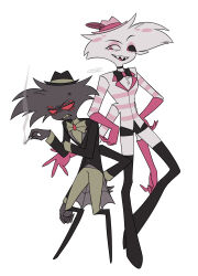  2boys :d absurdres angel_dust anger_vein angry arackniss arm_at_side back-to-back black_boots black_bow black_bowtie black_choker black_coat black_eyes black_fur black_hat black_sclera black_shorts boots bow bowtie brooch brothers buttons choker cigarette clenched_teeth coat colored_sclera commentary_request constricted_pupils elbow_gloves extra_arms extra_eyes eye_contact eyeshadow facial_mark fedora fewer_digits flat_color full_body furry furry_male gloves hand_on_own_arm hand_on_own_hip hands_on_own_hips hat hat_feather hazbin_hotel height_difference hellaverse highres holding holding_cigarette jewelry knees_apart_feet_together lapels looking_at_another looking_back makeup male_focus menma_(enaic31) mismatched_sclera multiple_boys open_mouth pants pink_eyes pink_eyeshadow pink_gloves pink_hat pink_shirt raised_eyebrow red_sclera sharp_teeth shirt shorts siblings signature simple_background smile smoke spider_web_print teeth thigh_boots tongue traditional_bowtie turtleneck turtleneck_shirt two-tone_shirt upper_teeth_only v-shaped_eyebrows white_background white_bow white_bowtie white_fur white_pants white_shirt 