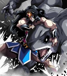  1girl bracer dc_comics furry furry_male gold_bracer gold_tiara highres king_shark_(dc) muscular muscular_female norbertogaetan shark_boy superhero_costume wonder_woman wonder_woman_(series) 