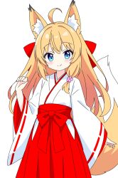  1girl ahoge animal_ear_fluff animal_ears blonde_hair blue_eyes blush closed_mouth commentary_request cowboy_shot dot_nose flower fox_ears fox_girl fox_tail hair_flower hair_intakes hair_ornament hair_ribbon hakama hakama_skirt hand_up highres japanese_clothes kimono kotatsu-mazoku long_hair long_sleeves looking_at_viewer miko miko_fox_girl_(kotatsu-mazoku) original pink_flower red_hakama red_ribbon ribbon ribbon-trimmed_sleeves ribbon_trim simple_background skirt smile solo tail white_background white_kimono wide_sleeves 