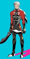  1boy archer_(fate) black_bodysuit bodysuit fate/extella fate/extra fate_(series) kanshou_&amp;_bakuya_(fate) long_hair male_focus multicolored_bodysuit red_bodysuit solo wakame_shi white_hair 