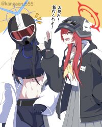  2girls artist_name bare_shoulders belly belt black_hair blue_archive blue_hair blue_halo cloak coat colored_inner_hair commentary_request halo helmet highres kangaeru555 long_hair multicolored_hair multiple_girls pants rabu_(blue_archive) red_hair red_halo sailor_collar saori_(blue_archive) skirt vest 