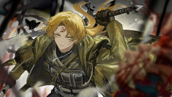  1boy a_certain_sinclair_(project_moon) aged_up ammunition_pouch asymmetrical_dual_wielding bandaged_weapon bandages belt bird black_bird black_gloves black_shirt blonde_hair blood bone claymore_(sword) coat commentary_request dual_wielding facial_mark forehead_mark gloves green_coat highres holding holding_polearm holding_sword holding_weapon limbus_company load_bearing_vest long_hair long_sleeves looking_at_viewer low_ponytail male_focus nishikujic polearm ponytail pouch project_moon scar scar_on_face shirt sinclair_(project_moon) solo sword sword_on_back torn_bandages trench_coat turtleneck turtleneck_shirt undershirt upper_body vest_pouch weapon weapon_on_back yellow_eyes 
