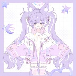  1girl :3 animal_ear_fluff animal_ears blue_eyes border brown_eyes closed_mouth commentary_request emyo710 fox_girl grid_background halo headphones headphones_around_neck heterochromia highres jacket korean_commentary long_hair long_shirt long_sleeves looking_at_viewer multicolored_hair open_clothes open_jacket outside_border pink_thighhighs pocket pom_pom_(clothes) print_shirt purple_border purple_hair purple_halo purple_jacket shirt sleeves_past_wrists solo star_(symbol) star_print stellive straight-on streaked_hair striped_clothes striped_thighhighs tenko_shibuki thigh-highs twintails vertical-striped_clothes vertical-striped_thighhighs virtual_youtuber white_background white_shirt wide_sleeves 