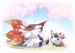  +_+ animal_focus blue_eyes bug cherry_blossoms colored_sclera cross-shaped_pupils dango food highres holding horns larvesta mofu_(pk3566) moth multiple_wings no_humans pokemon pokemon_(creature) pokemon_focus sanshoku_dango slither_wing symbol-shaped_pupils tail wagashi white_fur wings yellow_eyes yellow_sclera 
