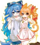  2girls animal_ears bangle blue_bow blue_eyes blue_hair blue_skirt blush boots bow bracelet brown_eyes brown_footwear cat_ears cat_tail dress drill_hair earrings grey_hoodie hair_between_eyes hair_bow highres hood hoodie jewelry light_brown_hair long_hair multiple_girls necklace open_mouth short_sleeves siblings sisters skirt sleeveless sleeveless_dress smile springarashi02 tail touhou twin_drills twintails white_dress yorigami_jo&#039;on yorigami_shion 