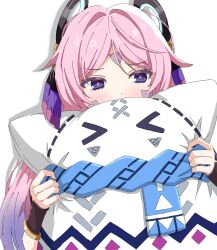 1girl blue_eyes blush citlali_(genshin_impact) citlalin_(genshin_impact) commentary facial_mark floating_headgear forehead_mark genshin_impact headgear highres holding holding_pillow long_hair looking_at_viewer nanojade pillow pink_hair pink_pupils purple_hair simple_background solo triangle triangle_facial_mark untranslatable_commentary white_background 