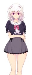  1girl :o arisia_hellioxenes bow breasts collarbone dress game_cg grey_skirt hair_intakes hand_on_own_arm kourin_tenshi_en_ciel_rena lace lace-trimmed_dress lace-trimmed_skirt lace_trim large_breasts large_variant_set long_hair looking_at_viewer miniskirt non-web_source official_art open_mouth pink_bow pleated_skirt puffy_short_sleeves puffy_sleeves red_eyes sailor_collar saitou_natsuki school_uniform self-datamine short_sleeves simple_background skirt solo standing straight-on suhamaya tachi-e transparent_background variant_set violet_eyes white_hair 