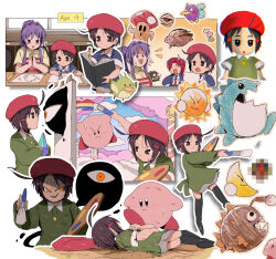  1boy 3girls adeleine ahoge bendedede beret bird black_eyes black_hair black_thighhighs boar bronto_burt cappy_(kirby) censored character_counter_check character_request clannad closed_eyes closed_mouth commentary english_commentary english_text fujibayashi_kyou hair_ornament hairclip hat holding holding_paint_palette holding_paintbrush holding_pencil kirby kirby_(series) kirby_64 long_sleeves mosaic_censoring mr._bright mr._shine multiple_girls mumbies_(kirby) mushroom nruff open_mouth orange_eyes outline paint_palette paintbrush painting_(action) pencil pitch_(kirby) possessed purple_hair red_hat short_sleeves sweatdrop sweet_stuff thigh-highs violet_eyes white_outline zero_two_(kirby) 