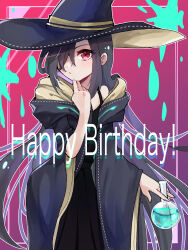  1girl black_dress black_hair black_hat black_robe blush clenched_hand commentary_request cowboy_shot dress flask floating_hair gradient_background hair_over_one_eye hand_up happy_new_year hat heaven_burns_red highres holding holding_flask long_bangs long_hair long_sleeves looking_at_viewer one_eye_covered open_clothes open_robe outline parted_lips pleated_dress pleated_skirt purple_background red_eyes rin_0101010 robe round-bottom_flask sidelocks simple_background single_bare_shoulder skirt sleeveless sleeveless_dress solo tenne_miko very_long_hair white_outline wide_sleeves witch witch_hat 