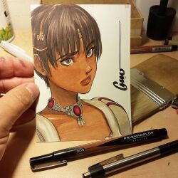  1girl art_tools_in_frame artist's_hand_in_frame berserk black_hair brown_eyes casca_(berserk) closed_mouth collarbone commentary dark-skinned_female dark_skin dress english_commentary eyelashes hair_ornament hairband jewelry lips looking_to_the_side marker_(medium) necklace nose omar_dogan photo_(medium) portrait puffy_short_sleeves puffy_sleeves short_hair short_sleeves signature simple_background solo traditional_media white_background white_dress 