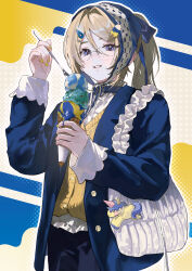  1girl abstract_background absurdres bag blazer blonde_hair blue_background blue_jacket blush cardigan food frilled_cuffs frills glasses hair_ornament hairclip halftone headscarf highres holding holding_food holding_ice_cream holding_spoon ice_cream ice_cream_cone jacket lace_trim multiple_scoops original ponytail shirt shoulder_bag simple_background smile solo spoon stuffed_toy unicorn violet_eyes white_shirt yellow_background yellow_cardigan yos_(72112764) 