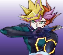  1boy black_bodysuit blonde_hair bodysuit brown_hair card fujiki_yusaku go_at_wo gradient_background green_bodysuit highres holding holding_card male_focus multicolored_hair neon_trim playmaker_(yu-gi-oh!) purple_background purple_hair simple_background solo spiky_hair streaked_hair trading_card upper_body yu-gi-oh! yu-gi-oh!_vrains 