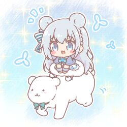  1girl :d animal animal_ears bear bear_ears blue_bow blue_capelet blue_eyes blush_stickers bow braid capelet chibi commentary_request dress fur-trimmed_dress fur_trim grey_hair hair_bow highres long_hair mitarashi_neko polar_bear propro_production shirose_aoi sitting smile socks solo sparkle striped_bow very_long_hair virtual_youtuber white_dress white_socks wrist_cuffs 