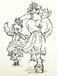  2girls bow breasts commentary_request cuffs dress full_body geta grin hair_bow horns hoshiguma_yuugi kurodani_yamame large_breasts long_hair menotama multi-source_commentary multiple_girls oni puffy_short_sleeves puffy_sleeves shackles shirt short_hair short_sleeves single_horn skirt smile touhou traditional_media very_long_hair 