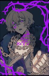  1boy akinori9013 black_background book chain chain_around_arm chain_necklace chest_tattoo coat commentary facial_tattoo fur_collar glowing glowing_tattoo gold_chain highres jewelry limbus_company limited_palette looking_at_viewer male_focus middle_(identity)_(project_moon) muted_color necklace open_book open_clothes open_mouth open_shirt plant project_moon purple_tattoo purple_theme shirt short_hair simple_background sinclair_(project_moon) solo tattoo untranslatable_commentary upper_body vines violet_eyes 