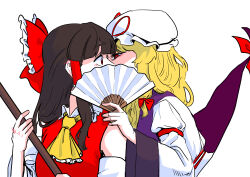  2girls absurdres ascot blonde_hair blush bow broom brown_eyes brown_hair commentary_request detached_sleeves dress folding_fan frills gap_(touhou) hair_bow hair_tubes hakurei_reimu hand_fan hat highres holding holding_broom holding_fan implied_kiss korean_commentary long_hair long_sleeves lovelobten mob_cap multiple_girls red_bow red_eyes red_shirt ribbon shirt skirt tabard touhou white_background yakumo_yukari yuri 