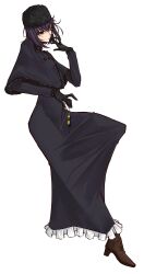  1girl absurdres black_dress black_eyes black_gloves black_hair black_hat black_shawl commentary dress english_commentary full_body fur_hat gloves hair_between_eyes hat high_heel_sandals high_heels highres holding kuonji_alice long_sleeves looking_at_viewer mahou_tsukai_no_yoru moren_eh papakha pom_pom_(clothes) sandals shawl short_hair simple_background solo tachi-e white_background wispy_bangs 