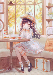  1girl :/ black_shoes bow brown_hair brown_hat buttons center_frills closed_mouth commentary_request commission couch dress elbows_on_table flower food fork frilled_socks frills full_body glass_teapot hair_flower hair_ornament hairclip hands_up hat hat_bow hat_flower hat_ornament head_rest heart heart_hair_ornament highres indie_virtual_youtuber indoors krw_iu000 leaf_hat_ornament long_hair looking_at_viewer macaron mary_janes menu_board on_couch orange_bow orange_eyes orange_ribbon orange_wrist_cuffs parted_bangs picture_frame pillow plant plate potted_plant red_bow ribbon round_table sample_watermark sandwich saucer see-through_clothes see-through_skirt_layer see-through_sleeves shelf shoes sitting skeb_commission sleeve_ribbon sleeves_past_wrists socks solo straw_hat suitcase table takoko_(vtuber) teapot thigh_strap tiered_tray tree waist_bow watermark watermark_grid wavy_hair white_bow white_dress white_flower white_socks window wrist_cuffs x_hair_ornament 