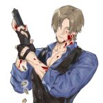  1boy absurdres blood blood_on_face blood_on_hands blue_eyes blue_shirt brown_hair casing_ejection curtained_hair facial_hair fingerless_gloves gloves gun highres holding holding_gun holding_weapon leon_s._kennedy male_focus naijarski pectoral_cleavage pectorals resident_evil resident_evil_6 shell_casing shirt short_hair solo stubble trigger_discipline upper_body vest waistcoat weapon 