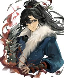  1boy arm_armor black_eyes black_hair blue_robe cheng_heguang closed_mouth cropped_torso feather_boa highres long_hair looking_at_viewer male_focus ponytail qianwei_yuanqing robe single_arm_armor solo upper_body white_background 