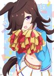  animal_ears belt black_hair blush cheerleader commentary_request hair_between_eyes horse_ears horse_girl horse_tail jacket kimukimu looking_at_viewer midriff navel nice_nature_(run&amp;win)_(umamusume) nice_nature_(umamusume) open_mouth pom_pom_(cheerleading) rice_shower_(umamusume) roar_yell!_tracen_academy_cheerleading_squad_(umamusume) simple_background sweatdrop tail translation_request umamusume 