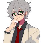  1boy benjamin_(project_moon) black_shirt closed_mouth collared_shirt commentary_request er_hea glasses green_eyes grey_hair hair_between_eyes lab_coat lobotomy_corporation long_sleeves looking_at_viewer male_focus necktie project_moon rectangular_eyewear red_necktie shirt short_hair simple_background smile solo white_background 