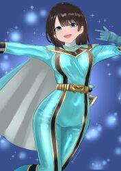  1girl :d \m/ absurdres adapted_costume animification belt belt_buckle black_hair blue_background blue_bodysuit blue_boots blue_cape blue_eyes blue_gloves blue_theme bodysuit boots breasts buckle cape commentary cowboy_shot cycloneactionx gloves gold_belt gold_trim high_collar highres legs_together looking_at_viewer magiblue magistick mahou_sentai_magiranger medium_breasts medium_hair missing_headwear open_mouth outstretched_arms ozu_urara paid_reward_available smile solo sparkle_background super_sentai tokusatsu twitter_username weapon 