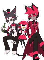  1girl 2boys :d ^_^ absurdres alastor_(hazbin_hotel) animal_ears antlers apron arm_hug bandana bandana_around_neck barefoot black-framed_eyewear black_bandana black_fur black_gloves black_hair black_hat black_pants black_sclera black_shoes black_wings blood blood_on_clothes blood_stain bob_cut bottle bow bowtie buttons cat_boy circle_facial_mark closed_eyes closed_mouth coat colored_sclera colored_skin colored_teeth colored_tips commentary_request crossed_legs cyclops deer_antlers deer_boy deer_ears dress elbow_gloves eyeshadow facial_mark fang feathered_wings fewer_digits fingerless_gloves flat_color flipped_hair foot_out_of_frame frown full_body furry furry_male gloves grey_skin grin hand_on_own_knee hat hazbin_hotel heart hellaverse highres holding holding_bottle horns husk_(hazbin_hotel) inverted_bob invisible_chair knees_together_feet_apart long_eyelashes looking_at_another looking_back looking_down looking_to_the_side maid_apron makeup medium_dress menma_(enaic31) mini_hat mini_top_hat monocle multicolored_hair multicolored_shoes multiple_boys niffty_(hazbin_hotel) one-eyed pants puffy_short_sleeves puffy_sleeves red-tinted_eyewear red_bow red_bowtie red_coat red_dress red_eyes red_eyeshadow red_hair red_sclera red_shirt red_shoes red_tail red_wings sharp_teeth shirt shoes short_hair short_sleeves signature simple_background sitting size_difference smile spread_legs striped_coat suspenders teeth tinted_eyewear toes top_hat topless_male torn_clothes torn_coat traditional_bowtie turtleneck turtleneck_shirt two-tone_fur two-tone_hair two-tone_shoes vertical-striped_coat white_apron white_background white_fur wings yellow_teeth 