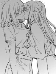  17aijo 2girls bang_dream! bang_dream!_it's_mygo!!!!! blush breasts chinese_commentary commentary_request ear_blush greyscale highres kiss long_hair long_sleeves medium_breasts medium_hair misumi_uika monochrome multiple_girls short_sleeves sidelocks togawa_sakiko yuri 
